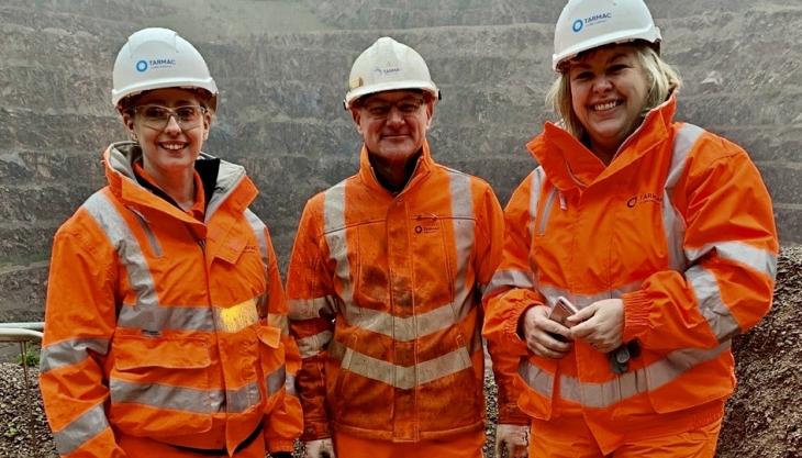 Local MP Jane Hunt (right) with Tarmac's Lisa Pickford and Shane Tompkins at Mountsorrel Quarry MP Jane Hunt at Mountsorrel