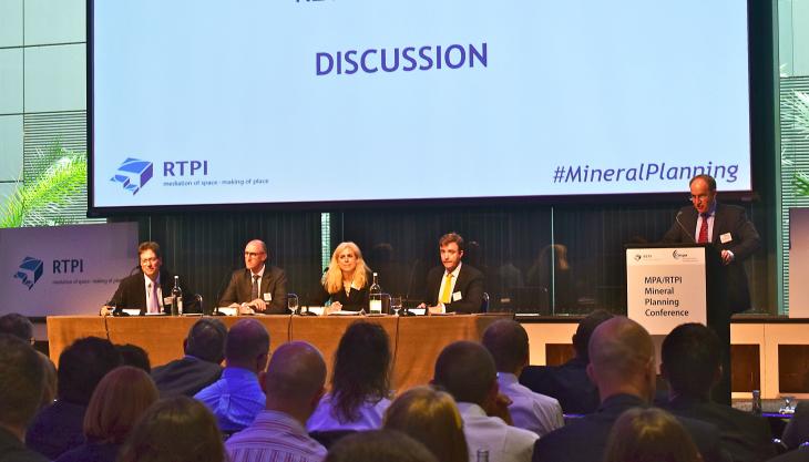 L-R: Adrian Cooper, planning policy & strategy manager, Shropshire Council; Stuart Wykes director, land & natural Resources, Tarmac Ltd; Julia Webberley, technical secretary, South West England AWP; Harry Burchill, planning policy officer, RTPI; and Mark Russell, executive director - planning, MPA MPA/RTPI Mineral Planning Conference