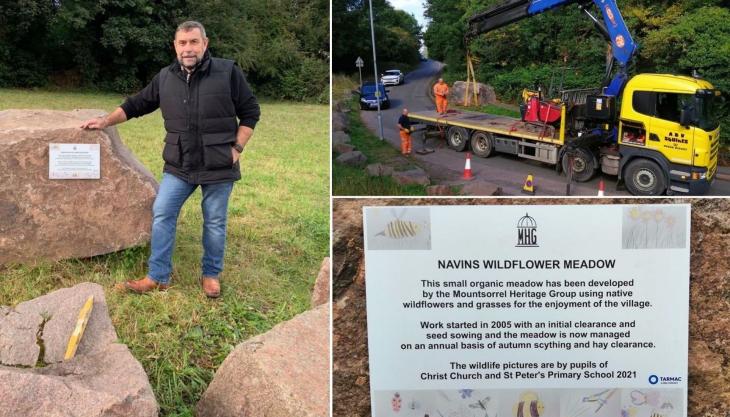 Mick Stevens with the granite rock at Navins Wildflower Meadow Tarmac