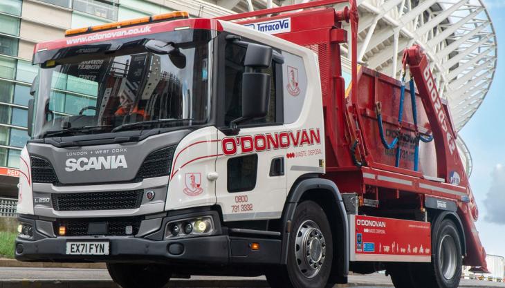 O’Donovan Waste are the first recycling firm to use a skiploader based on a Scania L-series chassis Scania L-series skiploader