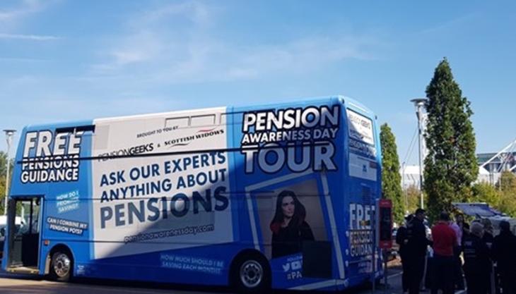 The Pensions bus at Tarmac HQ Pensions bus