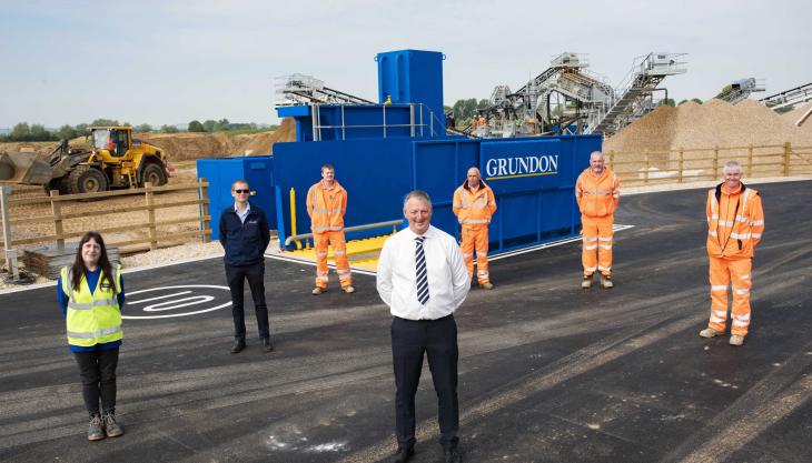 Pictured from the left at the new quarry are: Helen Corcoran, weighbridge operator; David Piper, operations manager; Carl Simpson, plant operative; Andy Bright, general manager – aggregates; Dennis Winthrop, site supervisor; Stephen Benger, plant operative; and Wayne Dumelow, quarry manager New Barn Farm Quarry
