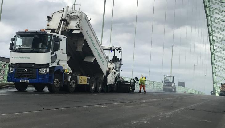 Aggregate Industries using their ProLay System on Runcorn's Silver Jubilee Bridge ProLay