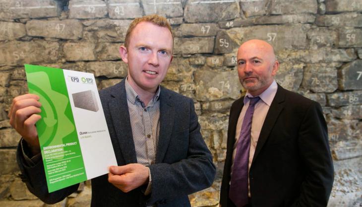 Product development and specification manager Jason Martin (left) with IGBC CEO Pat Barry, receiving an earlier EPD for the Quinn Lite range of thermal blocks, as the COVID-19 pandemic meant it was not possible to arrange a presentation. Quinn Precast
