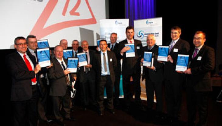 Richard Solly (far left) of Rema Tip-Top Industry UK Ltd receives an individual award for personal contribution to health and safety from the Mineral Products Association Rema Tip-Top at the MPA Health & Safety Awards