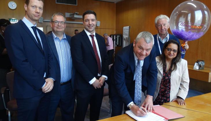 L-R: Luke McFarlane (contracts director, Riney); Graham Henson (Harrow council leader, Harrow Council); Chris Moore (managing director, Riney); Paul Walker (corporate director for community, Harrow Council); Keith Ferry (Harrow council deputy leader, Harrow Council); and Councillor Varsha Parmar (portfolio holder for environment, Harrow Council) Riney contract signing