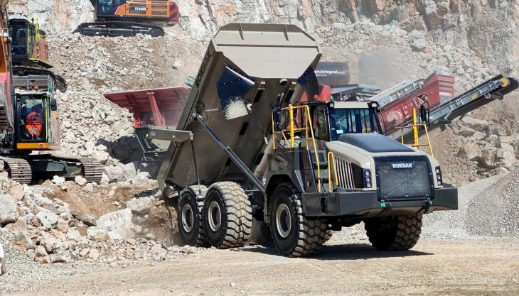 A Rokbak RA30 hauler working in the quarry face demonstration area Rokbak RA30 hauler