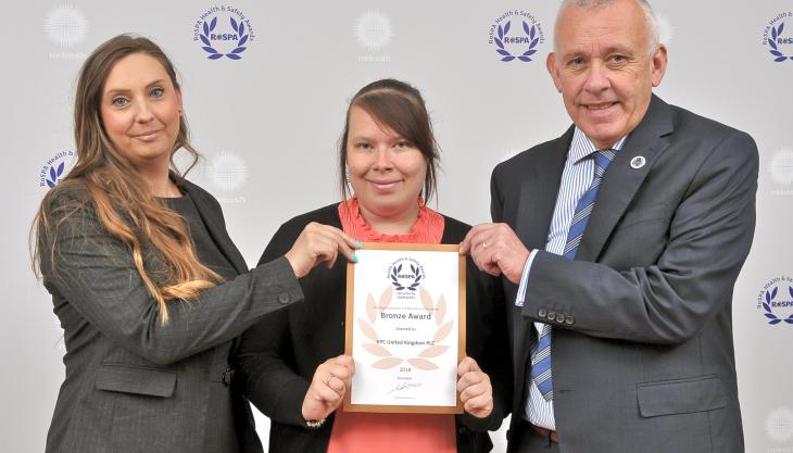 L–R: Julia Nixon, marketing & communications at EPC-UK; Laurie Warwick, sales & distribution administrator/safety ambassador at EPC-UK; and Bob Woolley, UK SHEAQ manager at EPC-UK RoSPA Bronze