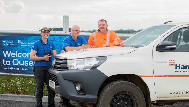 The new entrance at RSPB Ouse Fen, the Hanson-RSPB wetland project in Cambridgeshire. L-R: RSPB warden Hannah Bernie, assistant warden Richard Taylor and Hanson field supervisor Jason Seaman RSPB Ouse Fen