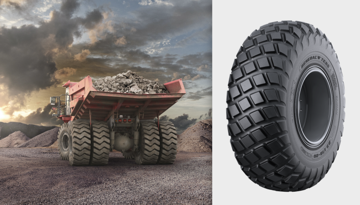 General TE188 multi-purpose earthmover tyres on a rigid dumptruck (left) and the new General TE95 tyre (right) General Tire