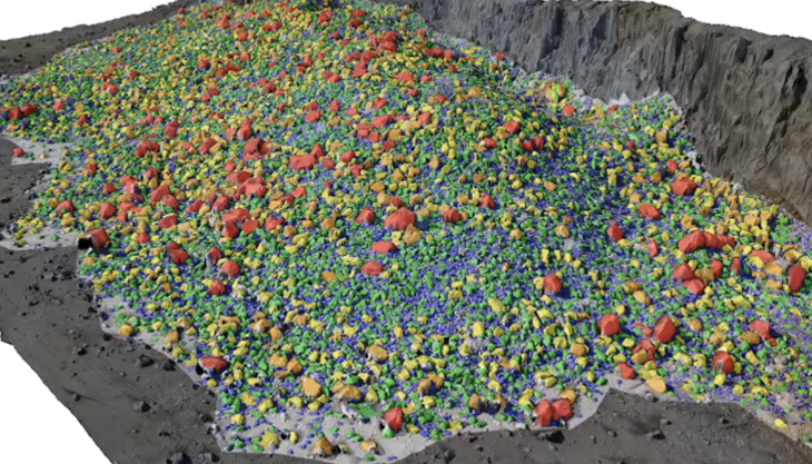 BMX Fragmenter automatically converts high-resolution drone images into a highly accurate 3D rendition of the muckpile with colour-coded delineation of gradation BMX Fragmenter