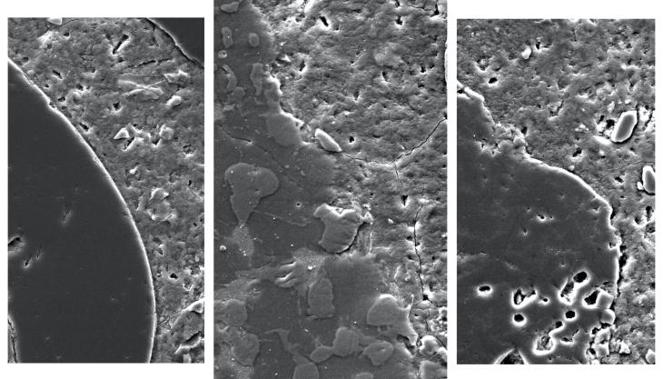 Magnified images showing concrete made with treated slag (centre), conventional aggregates (left) and raw slag (right). The treated slag forms a more seamless bond with the cement paste, making the concrete stronger Sewage-enhanced concrete