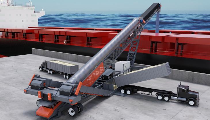 All-in-one TeleStacker ship-loading conveyor. Model shown features unit for truck unloading from the sides TeleStacker ship-loading conveyor