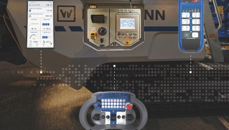 The SPECTIVE operating concept: touch panel directly at the plant, large radio remote control for the set-up and driving procedures, small radio remote control with all operating functions, and SPECTIVE CONNECT – the new app with all relevant plant information and job site reporting SPECTIVE components