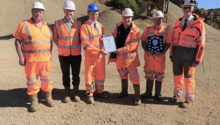 Pictured at the presentation are (L-R): Paul Smith, team member; Dan Richmond-Watson, director of Springfield Farm; Steve Cole, chair of the BAA Scheme panel; Martin Phillips, quarry manager; Anthony Middleton, quarry foreman; and Roy Bush, secretary of the BAA Scheme panel Springfield Farm Quarry presentation