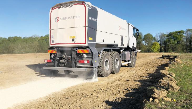 Mounted on a carrier vehicle, binding agent spreaders such as the Streumaster SW 318 MC are ideal for precisely spreading binding agents over large areas in both on- and off-road applications Streumaster