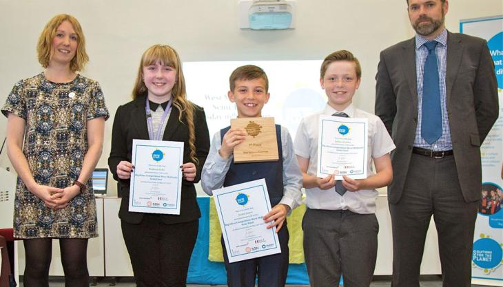 Dr Jess Mitchell (far left), Solutions for the Planet’s north of England and Scotland programme co-ordinator, and Andy Swain (far right), Tarmac’s senior manager for sustainability, with pupils participating in the ‘Big Ideas’ programme Tarmac's Big Ideas initiative