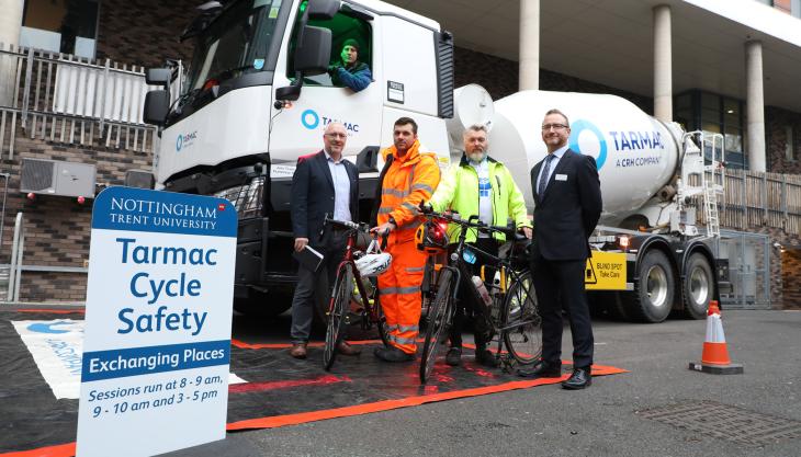 John Anderson, regional head of logistics at Tarmac (left), and David Crundall, Professor of Psychology at NTU (right), with participants at the Cycle Safety in Urban Environments event Cycle safety