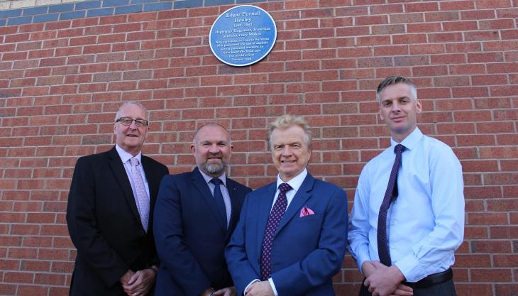Pictured at the unveiling of the commemorative plaque to honour Edgar Hooley’s achievements are (L-R): Councillor John Cottee, chairman of the Communities Committee at Nottinghamshire County Council; Harvey Cullen, general manager of Tarmac’s contracting business; Councillor Neil Clarke, chairman of the Transport and Environment Committee at Nottinghamshire County Council; and Michael Temple, Nottinghamshire County Cricket Club’s commercial director Tarmac - Edgar Hooley