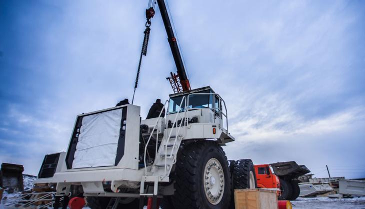 Terex Trucks TR100 rigid dumptruck being assembled Terex Trucks TR100 rigid dumptruck