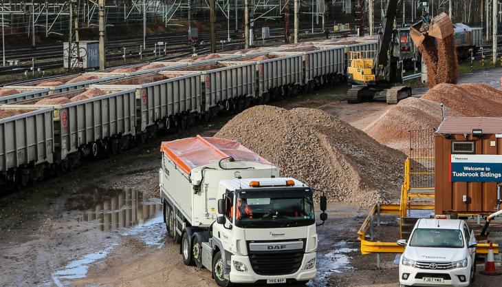 The first train delivering material from Hanson’s Shap Quarry, in Cumbria, into the company’s new aggregates rail depot near Tuebrook, Liverpool Tuebrook rail depot