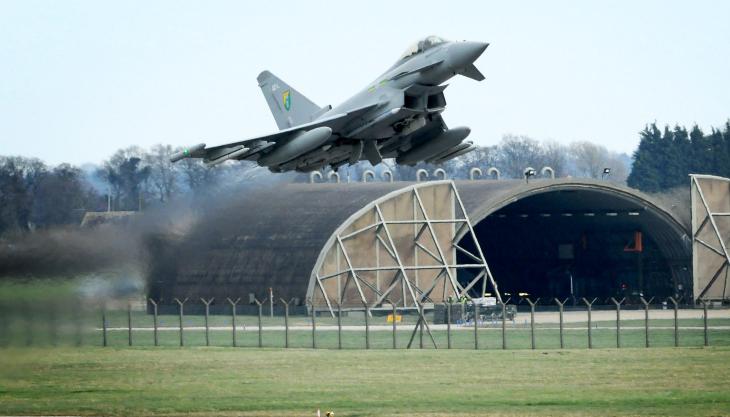 Typhoon taking off from the runway at RAF Coningsby in Lincolnshire Typhoon fighter aircraft