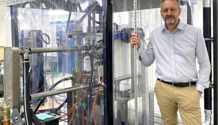 Toni Hagelberg, head of sustainable power for Volvo CE, in the new Fuel Cell Test Lab Toni Hagelberg
