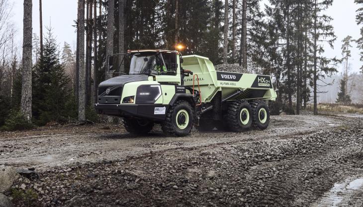Volvo CE have started testing the prototype HX04 hydrogen articulated hauler HX04