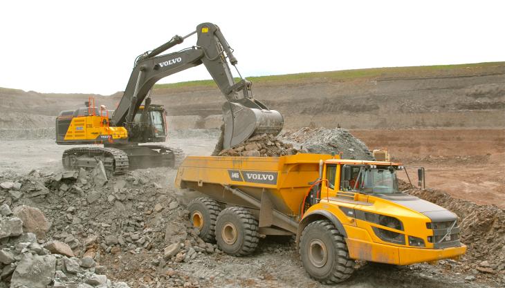 Volvo EC750E excavator loading an A40G hauler Volvo EC750E and A40G