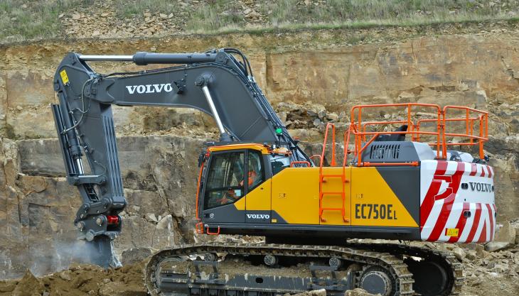 Volvo EC750E with heavy-duty ripper tooth in action at Crosland Hill Quarry Volvo EC750E