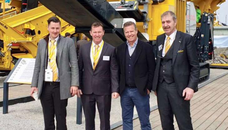 L-R: Peter Hoogendoorn, Keestrack; Peter McGeary, Keestrack; Ashley Ward, Warwick Ward (machinery) Ltd; and Kees Hoogendoorn; Keestrack Keestrack and Warwick Ward
