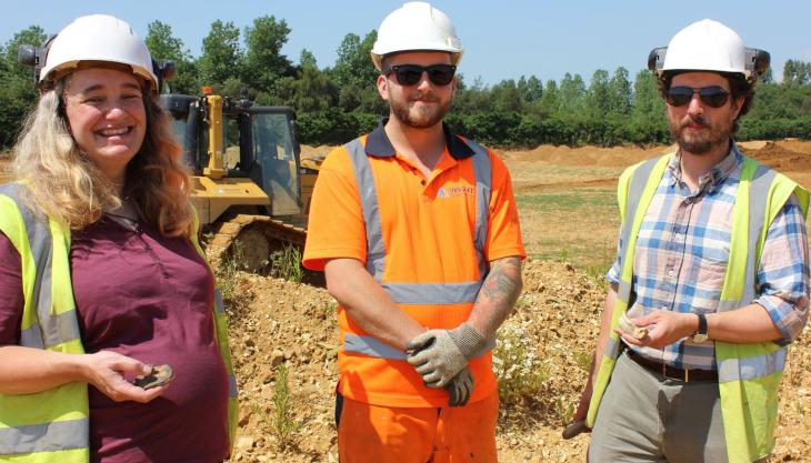 Archaeologists Emma Anderson and Peter Girdwood-Carroll with Wight Building Materials’ operative Harry Gulliver (centre) at Hale Manor Quarry WBM archaeology
