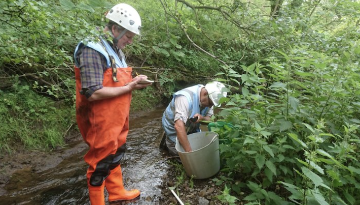 Wild Trout Trust members surveying the trout population in Haw Beck at Tarmac’s Skipton Quarry Wild Trout Trust