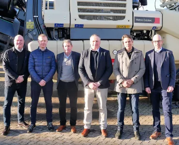 Metso Outotec officials Adam Benn (left) and Anthony Bouvié (second right) pictured with a group of McHale Plant Sales officials during a visit to their Dublin base ahead of the announcement by Metso Outotec to extend their distribution remit to include England, Scotland and Wales. Pictured with them are (left to right) Darragh O Driscoll (head of business development), Tim Shanahan (director), Denis McGrath (sales director) and Anthony Ryan (after-sales director) 