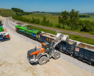 The first train loading at the new rail sidings at Tarmac’s Hillhead Quarry, near Buxton