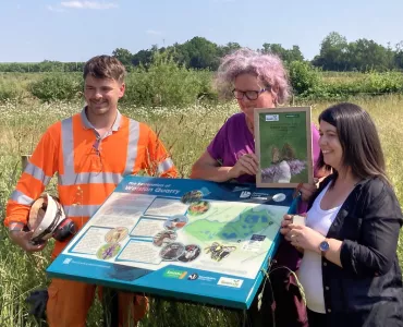 Quarry Life Award winners Lucy Hawker from Dunsmore Living Landscapes, a Warwickshire Wildlife Trust-led project, and teacher Hannah Griffith from St Margaret’s Primary School, Wolston, pictured with Smiths quarry manager Stuart Parker, who helped their ‘Quarry Life Trail’ vision come to life at Wolston Fields Quarry