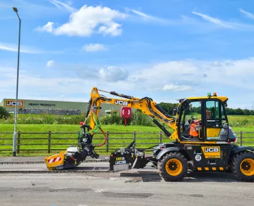 Staffordshire County Council’s brand-new Pothole Pro working on the A522 Uttoxeter Road next to the factory where it was produced