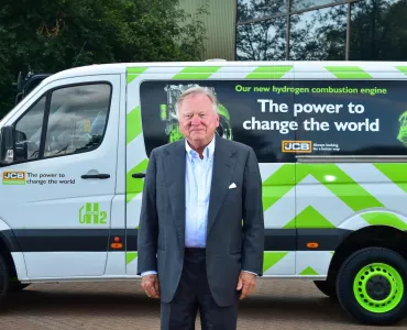 JCB chairman Anthony Bamford, who is leading the company’s £100 million hydrogen engine project, with the hydrogen-powered Mercedes Sprinter van