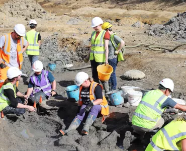 Palaeontologists excavating a mammoth tusk found at a Hills Quarry Products site near Swindon