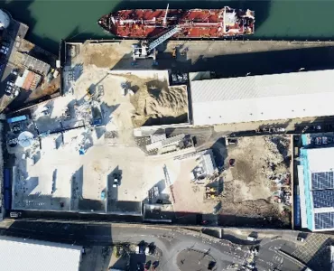 Aerial view of Brett Aggregates’ newly opened deep-water wharf in Portsmouth