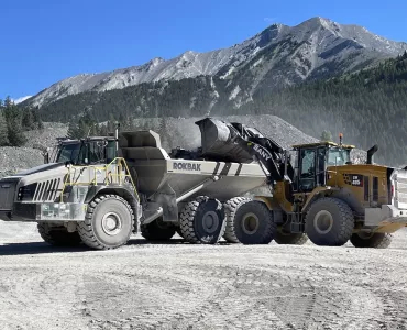 One of Jura Creek Enterprises’ new Rokbak RA40 articulated haulers working in the shadow of the Rocky Mountains at Crowsnest Pass Quarry