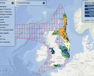 CO2 Stored map showing carbon dioxide storage units offshore UK. Image: BGS