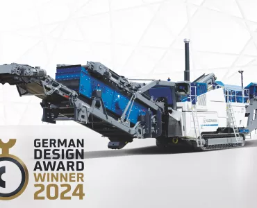 The Mobirex MR 130(i) PRO impact crusher from Kleemann impressed with jury of the German Design Award thanks to its environmentally sound drive concept, user-friendliness, and striking design