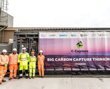 A new carbon capture trial has been launched at Heidelberg Materials’ Ketton cement works in Rutland using C-Capture’s low-cost, next-generation carbon capture technology. Pictured (L-R): Marian Garfield, sustainability director, Heidelberg Materials UK; Elliot Wellbelove, innovation carbon manager, Heidelberg Materials UK; C-Capture CEO Tom White; C-Capture process engineer Clàudia Hernández; and Rachel Morse, sustainability graduate, Heidelberg Materials UK 