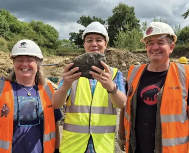 L-R: Sally Hollingworth, Dr Stephen Zhang, University of Bristol, and Dr Neville Hollingworth celebrate the discovery of a mammoth tooth