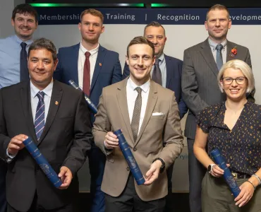 Top row (L-R): Jordan Eccles, Lewis Malone, John Bright, Adam Baker; Bottom row (L-R): Gregg Loan, Haydn Griffiths, Sallie Antill