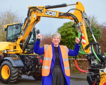 Future of Roads Minister Lilian Greenwood MP with the JCB Pothole Pro