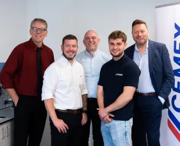 L–R: Andy Lees (senior director of curriculum, innovation, and construction at BMet), Howard Reid (lead fitter with Cemex UK), Christian Vale (senior operations manager at Cemex UK), George Howell (apprentice fitter with Cemex UK), and Lex Russell (materials managing director at Cemex UK)