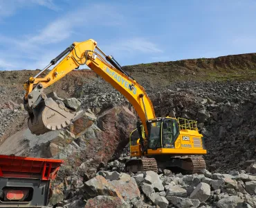 McFadyens new JCB 370X in operation at one of their own hard rock quarries