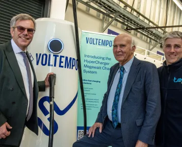 L-R: Michael Boxwell, chief executive officer of Voltempo, Sir Vince Cable, chair of the eFREIGHT 2030 consortium; and David Horsfall, director of property and sustainability at Tyseley Energy Park, celebrate the start of series production for the UK-built Voltempo HyperCharger at Tyseley Energy Park, Birmingham
